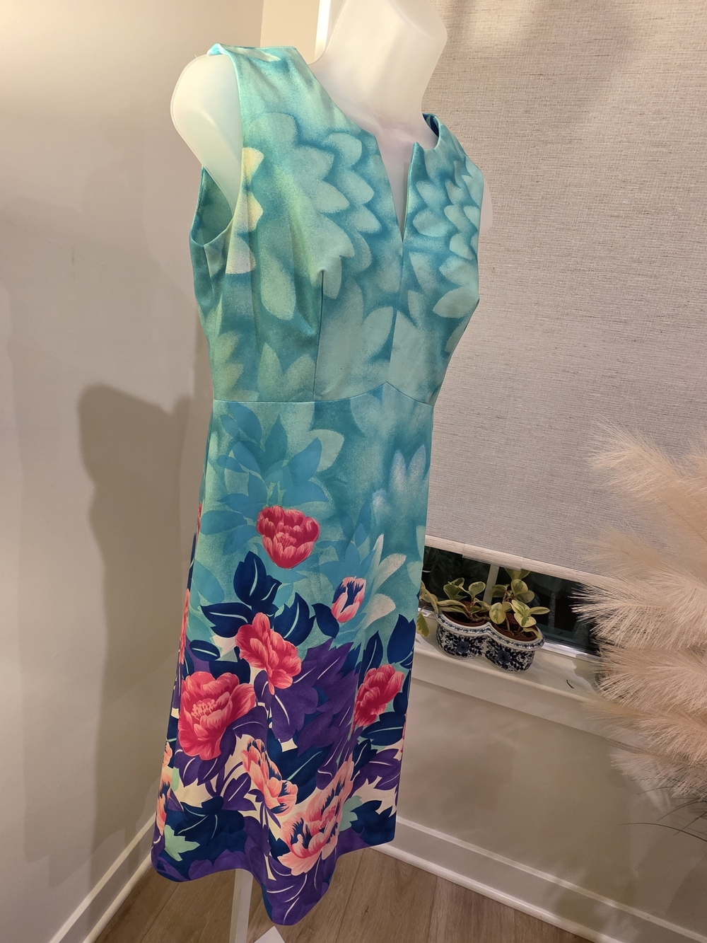 VTG Hawaiian Sleeveless Aqua Floral Sheath Dress Size L - Picture 5 of 16